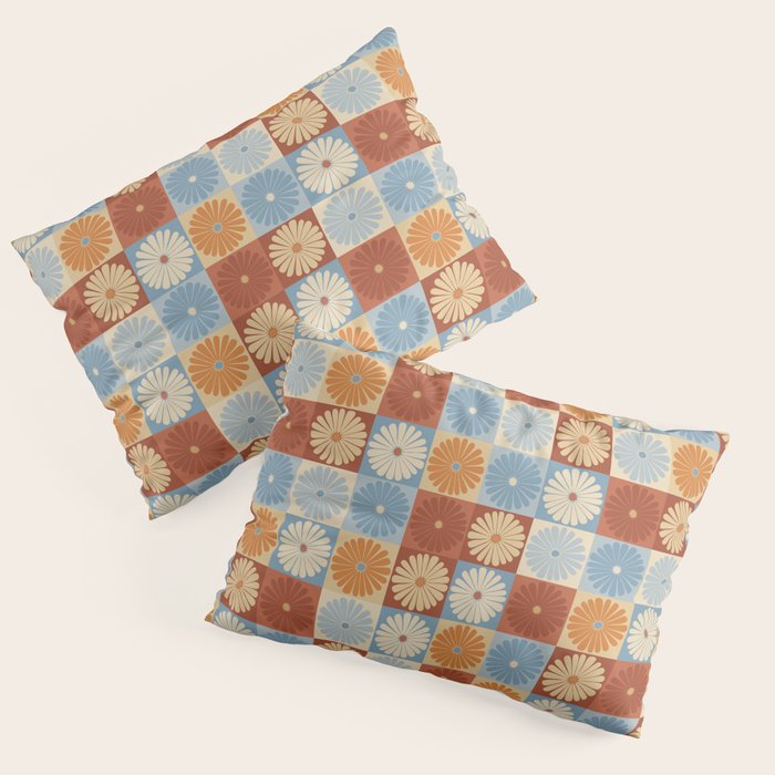 Retro Flowers Check Pattern XVIII Pillow Sham Gallery Image 1