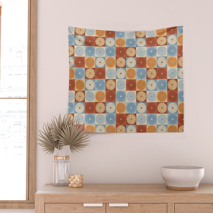 Retro Flowers Check Pattern XVIII Wall Tapestry Gallery Image 2