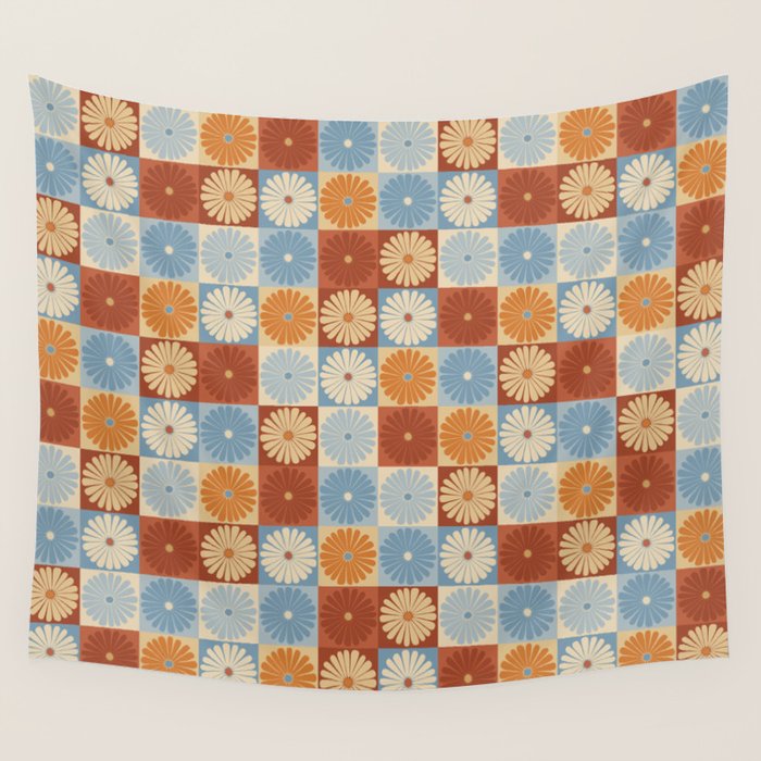 Retro Flowers Check Pattern XVIII Wall Tapestry Gallery Image 4