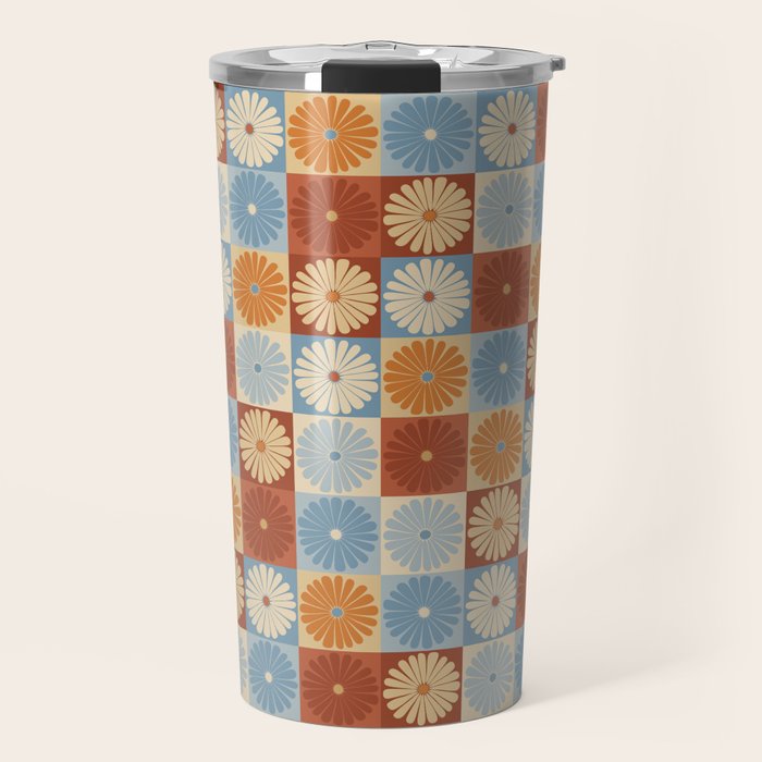 Retro Flowers Check Pattern XVIII Travel Mug Gallery Image 1
