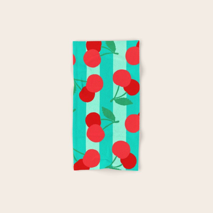 Cherry fruit market poster on aqua and turquoise stripes Bath Towel Gallery Image 1