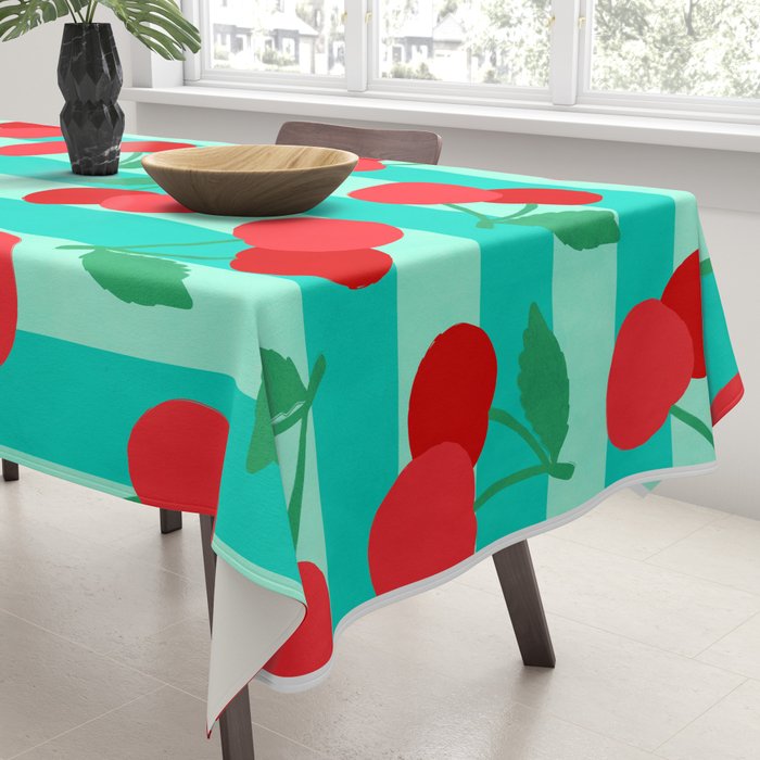 Cherry fruit market poster on aqua and turquoise stripes Tablecloth Gallery Image 3