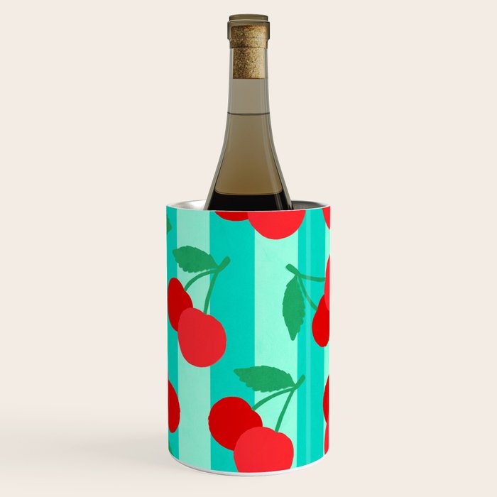 Cherry fruit market poster on aqua and turquoise stripes Wine Chiller Gallery Image 2