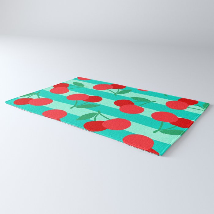 Cherry fruit market poster on aqua and turquoise stripes Rug Gallery Image 3
