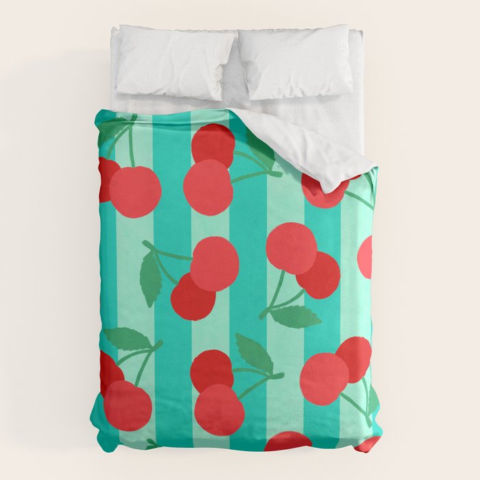 Cherry fruit market poster on aqua and turquoise stripes Duvet Cover Gallery Image 6