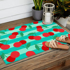 Cherry fruit market poster on aqua and turquoise stripes Outdoor Rug Gallery Image 2