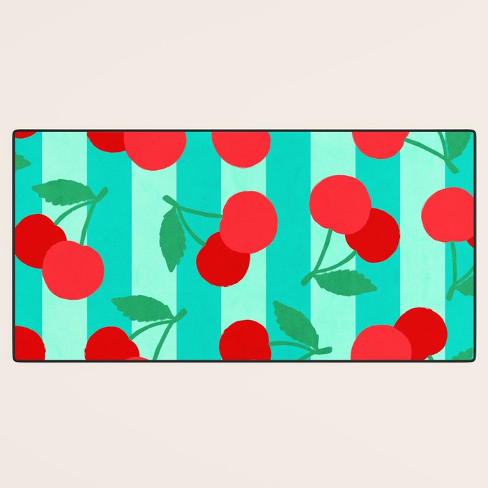 Cherry fruit market poster on aqua and turquoise stripes Desk Mat Gallery Image 3