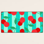 Cherry fruit market poster on aqua and turquoise stripes Desk Mat Gallery Image 3