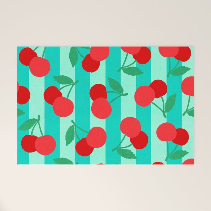 Cherry fruit market poster on aqua and turquoise stripes Welcome Mat Gallery Image 1