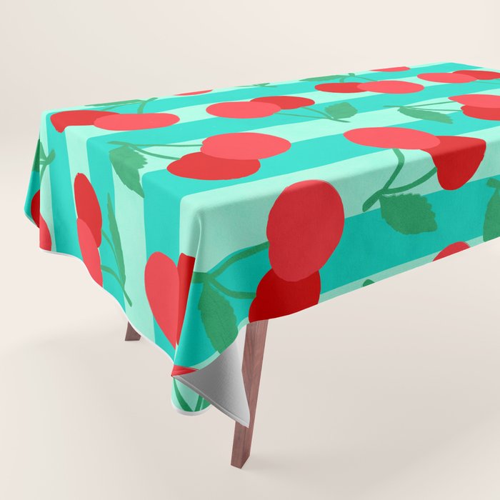 Cherry fruit market poster on aqua and turquoise stripes Tablecloth Gallery Image 1