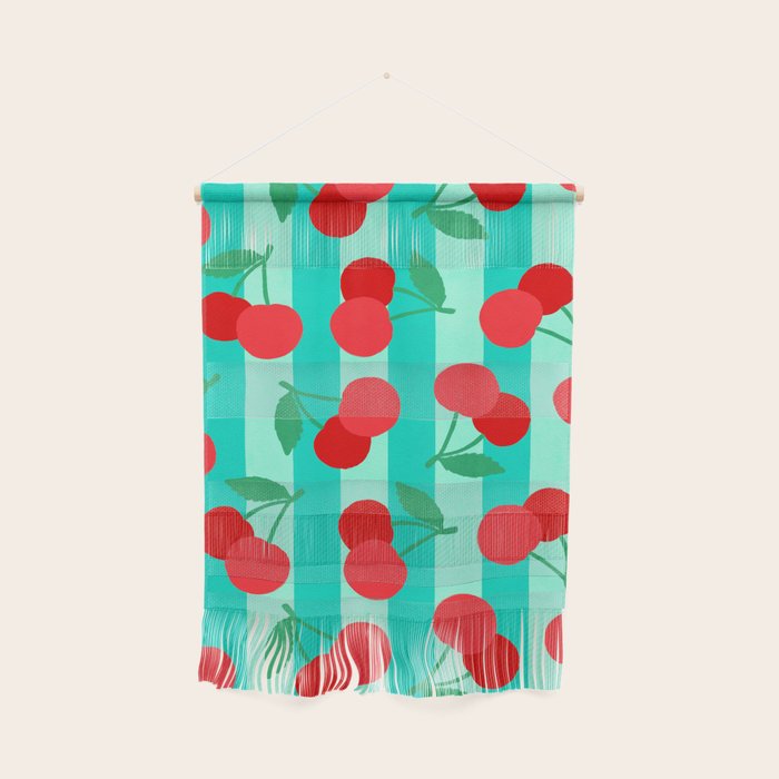 Cherry fruit market poster on aqua and turquoise stripes Wall Hanging Gallery Image 1