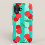 Cherry fruit market poster on aqua and turquoise stripes iPhone Case Gallery Image 1