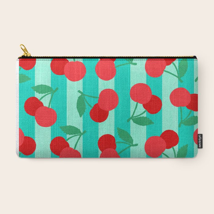 Cherry fruit market poster on aqua and turquoise stripes Carry All Pouch Gallery Image 2