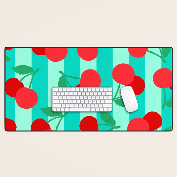 Cherry fruit market poster on aqua and turquoise stripes Desk Mat Gallery Image 1
