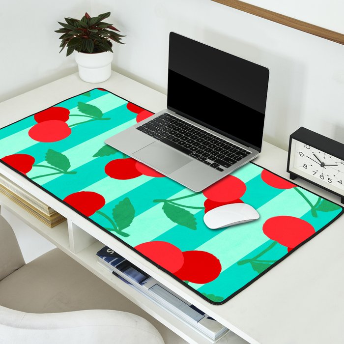 Cherry fruit market poster on aqua and turquoise stripes Desk Mat Gallery Image 2