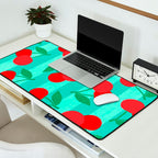 Cherry fruit market poster on aqua and turquoise stripes Desk Mat Gallery Image 2