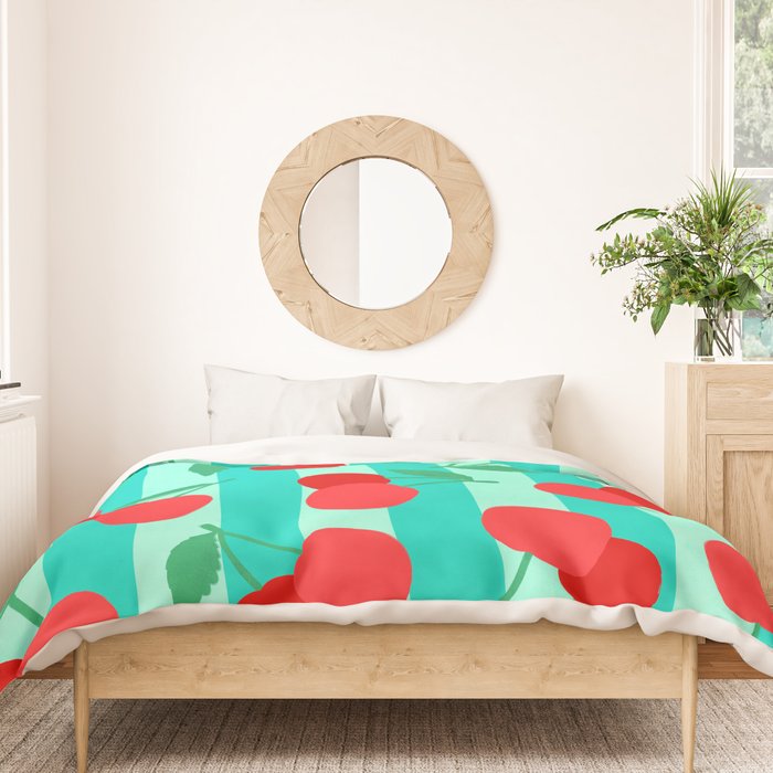 Cherry fruit market poster on aqua and turquoise stripes Duvet Cover Gallery Image 3