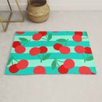 Cherry fruit market poster on aqua and turquoise stripes Rug Gallery Image 1