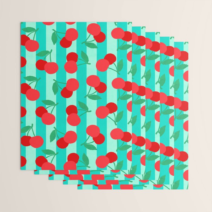 Cherry fruit market poster on aqua and turquoise stripes Wrapping Paper Gallery Image 3