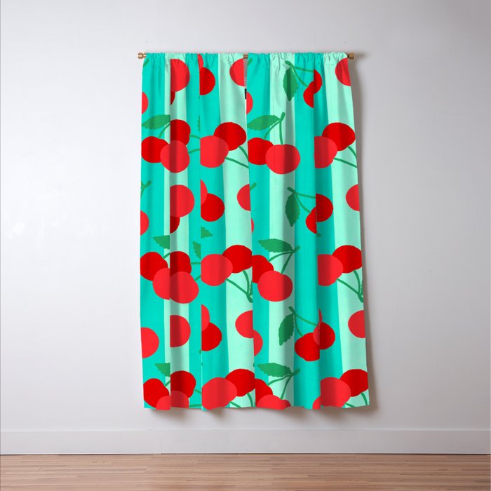 Cherry fruit market poster on aqua and turquoise stripes Window Curtain Gallery Image 3