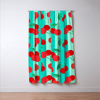 Cherry fruit market poster on aqua and turquoise stripes Window Curtain Gallery Image 3