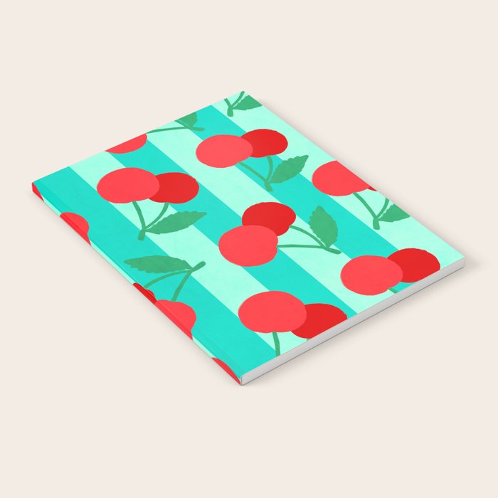 Cherry fruit market poster on aqua and turquoise stripes Notebook Gallery Image 1