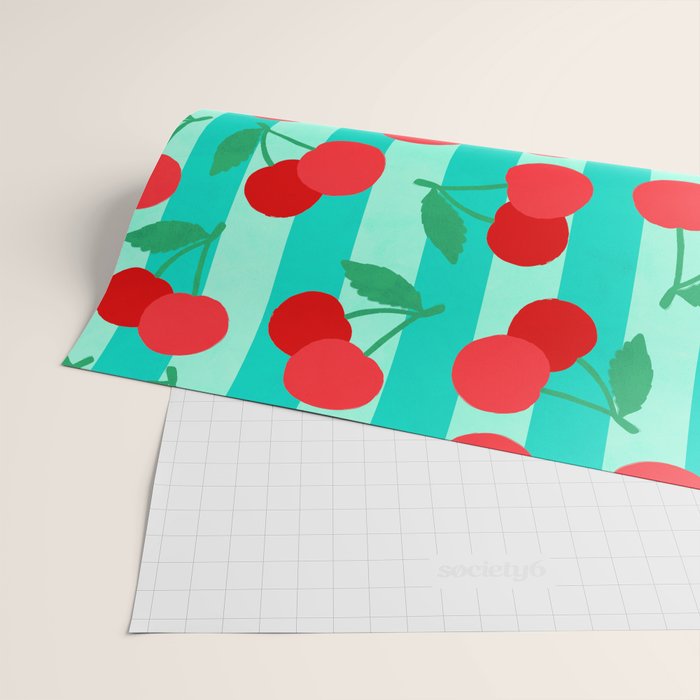 Cherry fruit market poster on aqua and turquoise stripes Wrapping Paper Gallery Image 2
