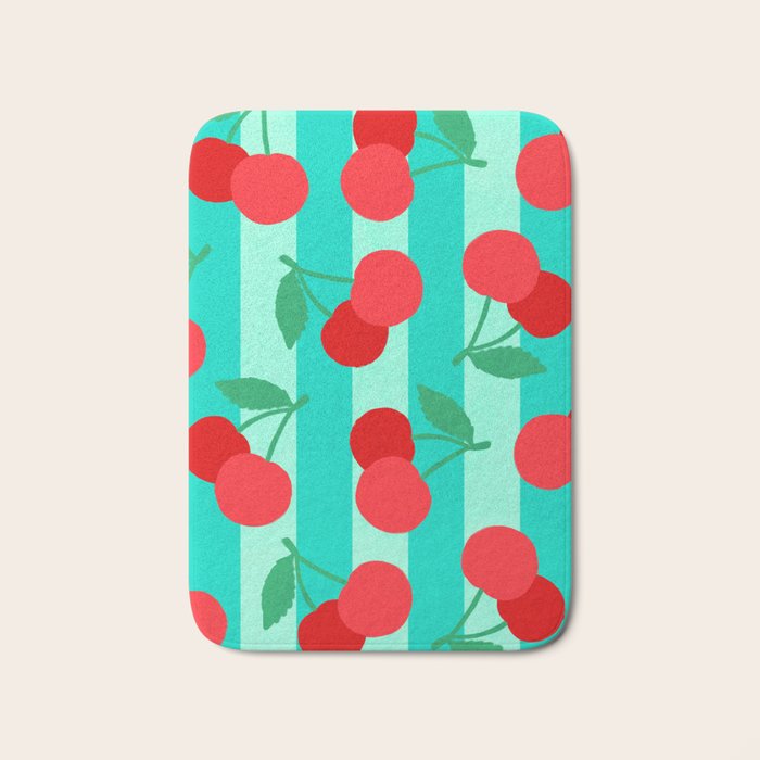 Cherry fruit market poster on aqua and turquoise stripes Bath Mat Gallery Image 1