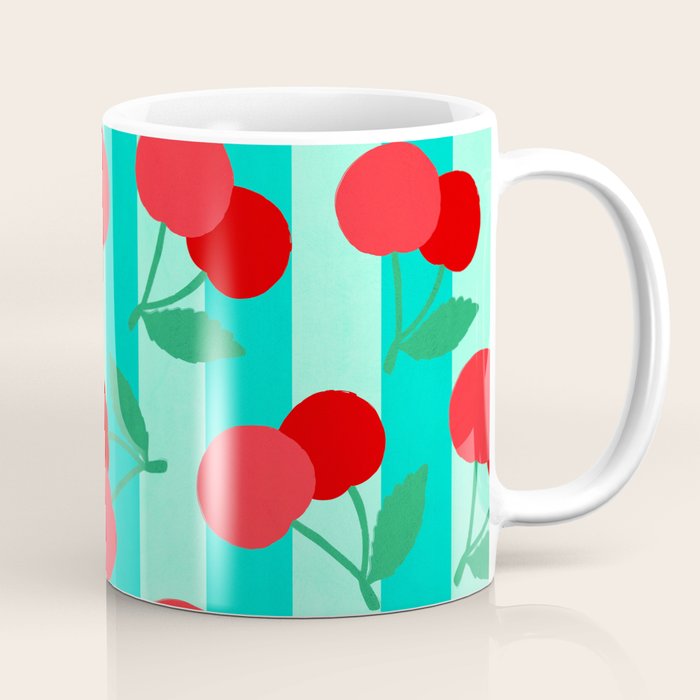 Cherry fruit market poster on aqua and turquoise stripes Coffee Mug Gallery Image 1