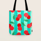 Cherry fruit market poster on aqua and turquoise stripes Tote Bag Gallery Image 1