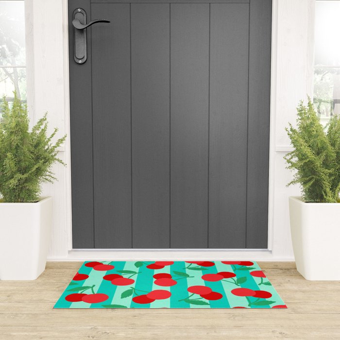 Cherry fruit market poster on aqua and turquoise stripes Welcome Mat Gallery Image 3
