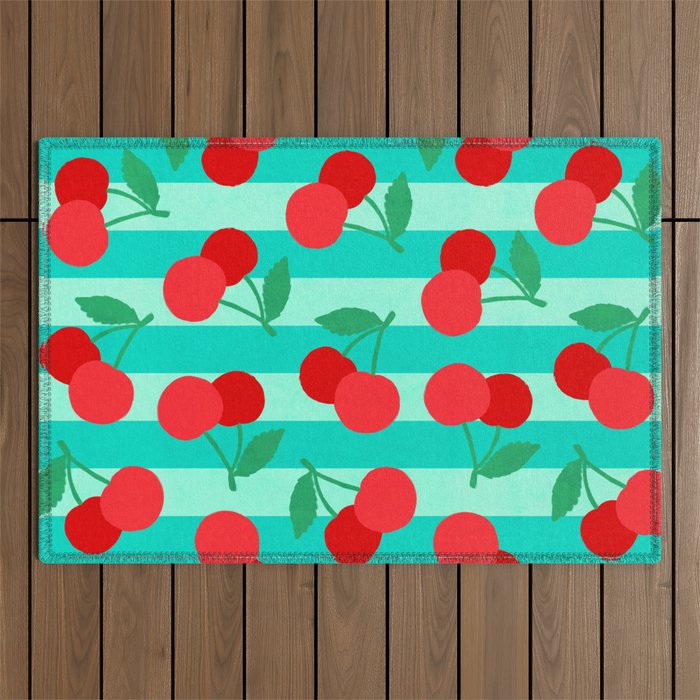 Cherry fruit market poster on aqua and turquoise stripes Outdoor Rug Gallery Image 1