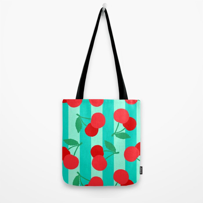 Cherry fruit market poster on aqua and turquoise stripes Tote Bag Gallery Image 2