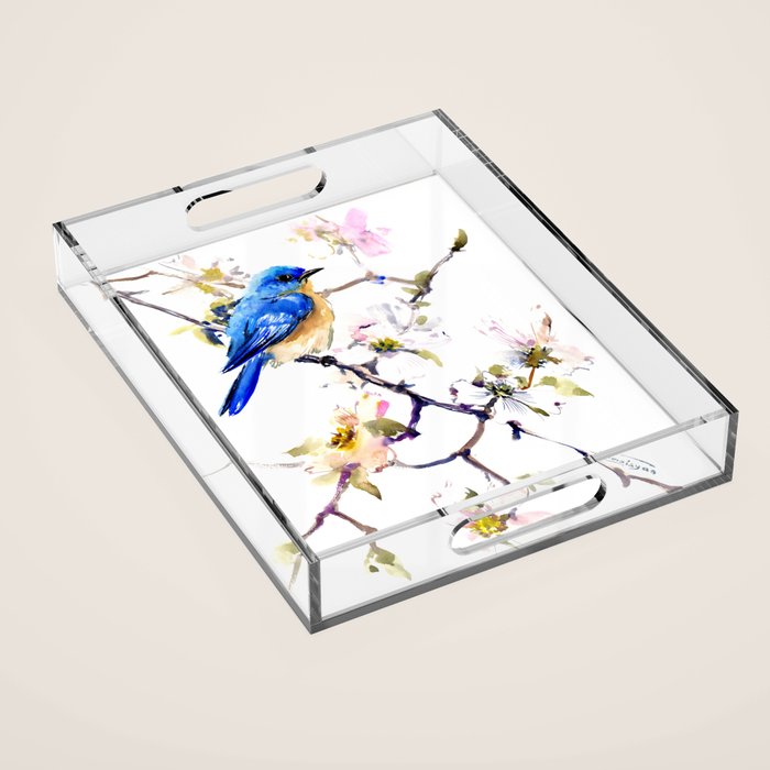 Bluebird and Dogwood, bird and flowers spring colors spring bird songbird design Acrylic Tray Gallery Image 1