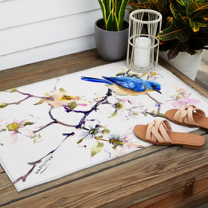 Bluebird and Dogwood, bird and flowers spring colors spring bird songbird design Outdoor Rug Gallery Image 2