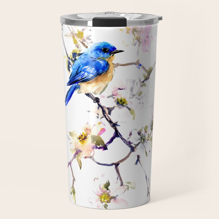 Bluebird and Dogwood, bird and flowers spring colors spring bird songbird design Travel Mug Gallery Image 1