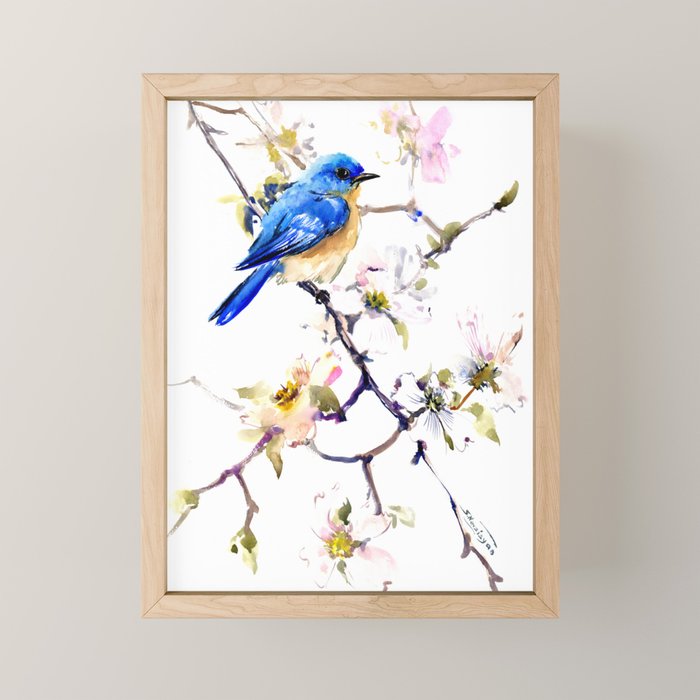 Bluebird and Dogwood, bird and flowers spring colors spring bird songbird design Mini Art Print Gallery Image 1