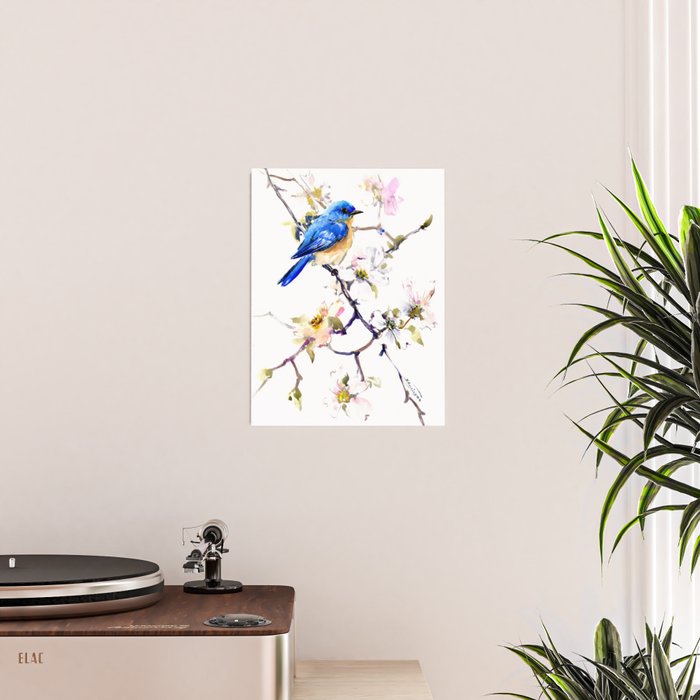 Bluebird and Dogwood, bird and flowers spring colors spring bird songbird design Poster Gallery Image 2