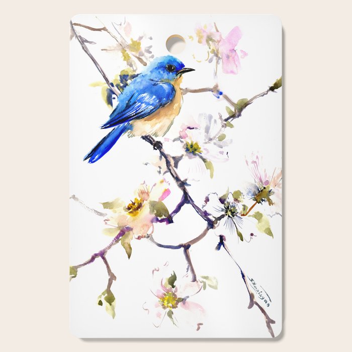 Bluebird and Dogwood, bird and flowers spring colors spring bird songbird design Cutting Board Gallery Image 1
