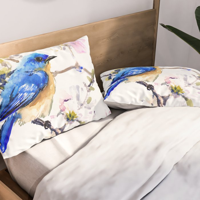 Bluebird and Dogwood, bird and flowers spring colors spring bird songbird design Pillow Sham Gallery Image 2