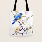 Bluebird and Dogwood, bird and flowers spring colors spring bird songbird design Tote Bag Gallery Image 1