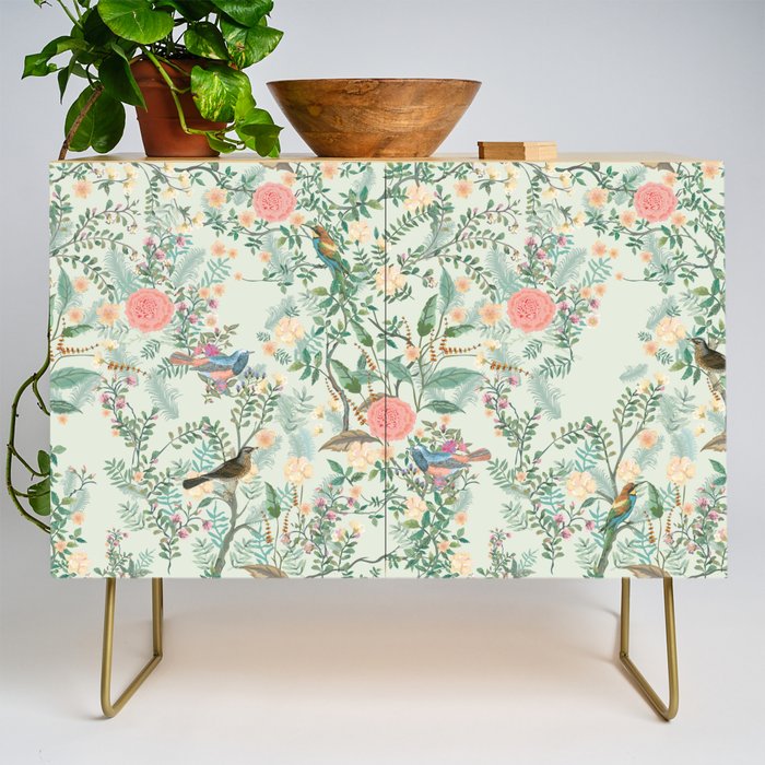 Chinoiserie Mint Green Pink Fresco Floral Garden Oriental Botanical  Credenza Gallery Image 1