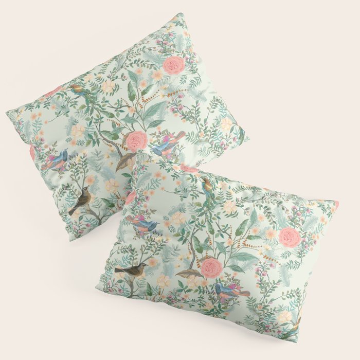 Chinoiserie Mint Green Pink Fresco Floral Garden Oriental Botanical  Pillow Sham Gallery Image 3