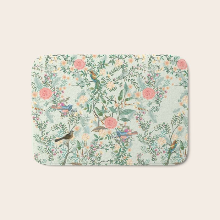 Chinoiserie Mint Green Pink Fresco Floral Garden Oriental Botanical  Bath Mat Gallery Image 1