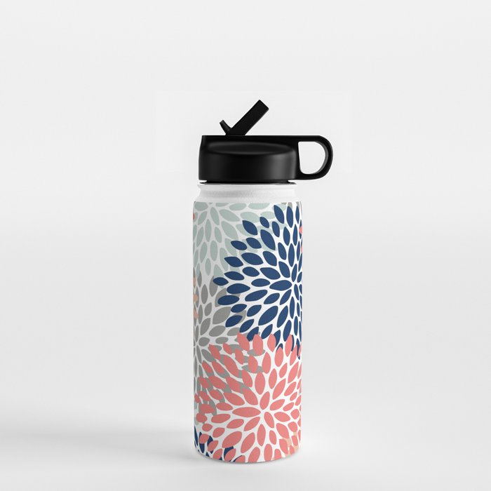 Floral Bloom Print, Living Coral, Pale Aqua Blue, Gray, Navy Water Bottle Gallery Image 1