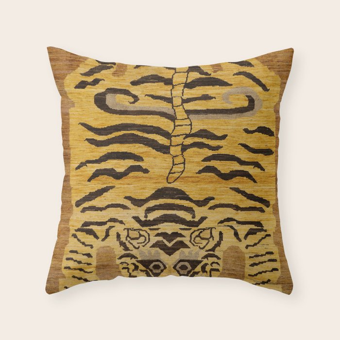 Tiger Rug I 19th Century Authentic Colorful Wild Animal Zoo Vintage Patterns Throw Pillow Gallery Image 1