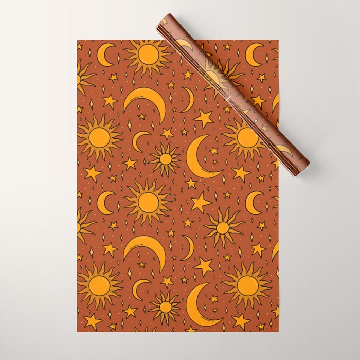 Vintage Sun and Star Print in Rust Wrapping Paper Gallery Image 1