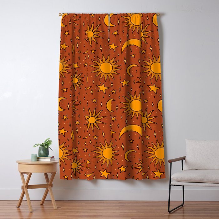 Vintage Sun and Star Print in Rust Window Curtain Gallery Image 1