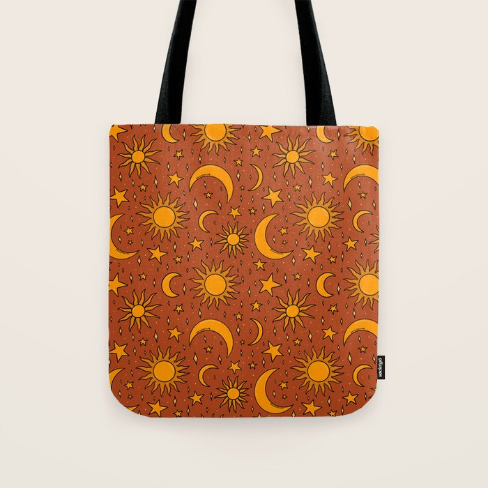 Vintage Sun and Star Print in Rust Tote Bag Gallery Image 1