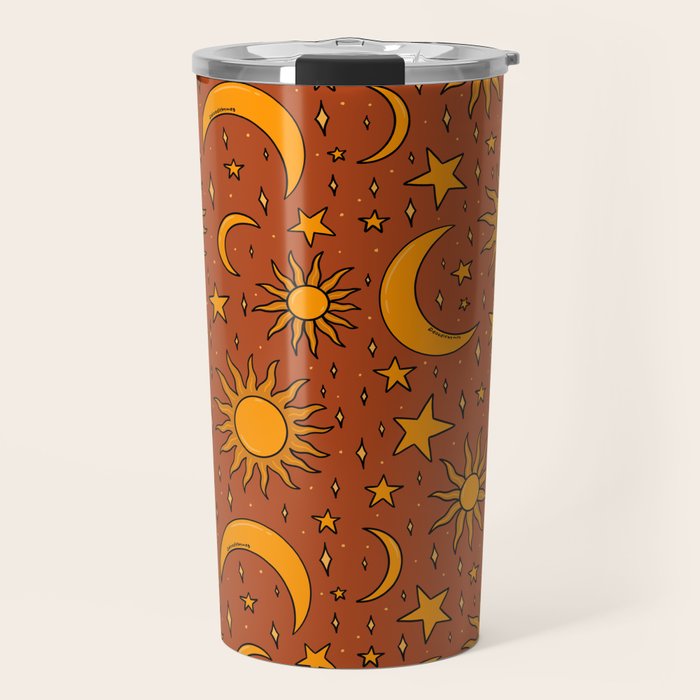 Vintage Sun and Star Print in Rust Travel Mug Gallery Image 1
